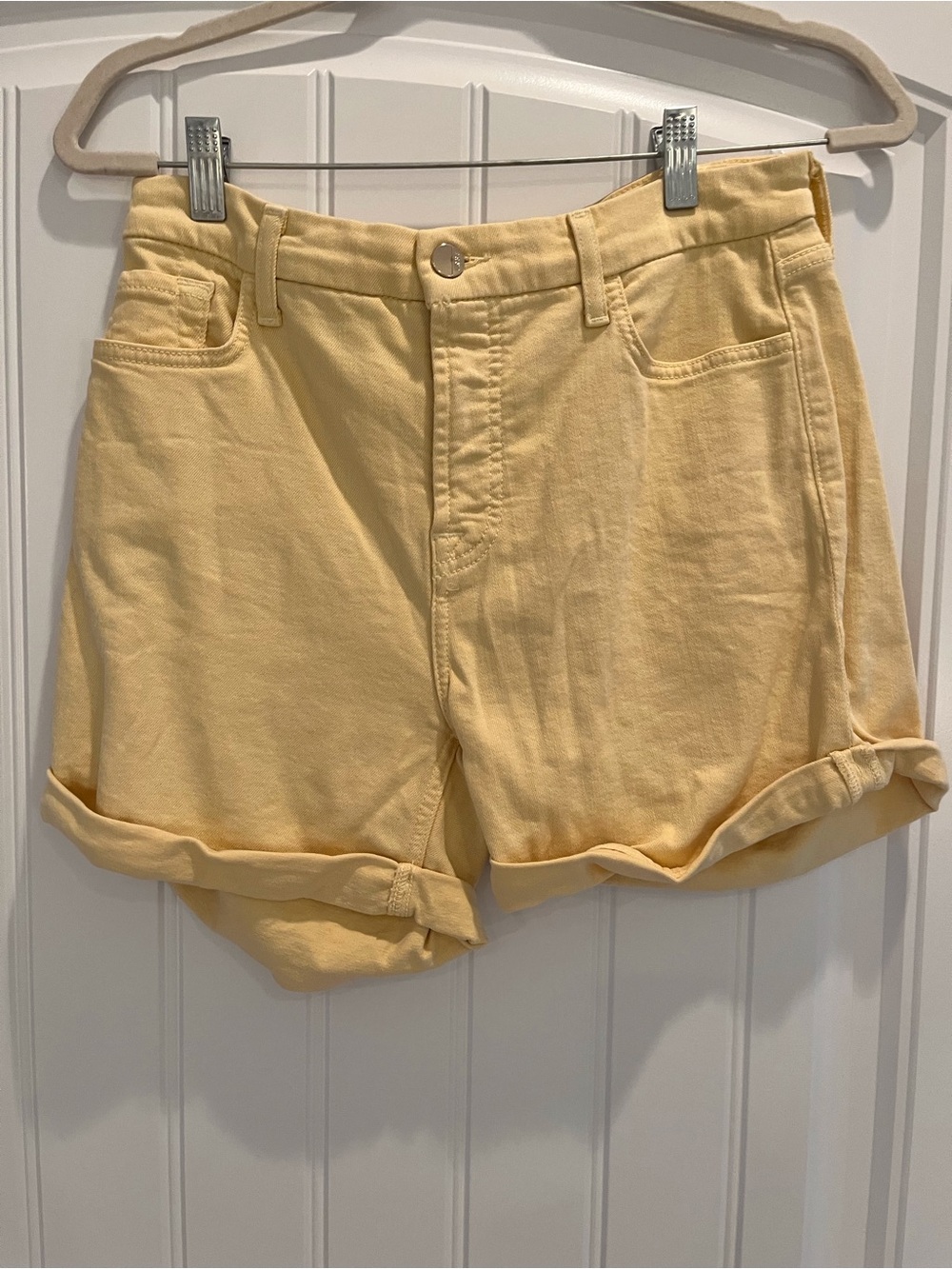 High-Rise Pale Yellow Jean Shorts with Rolled Hem